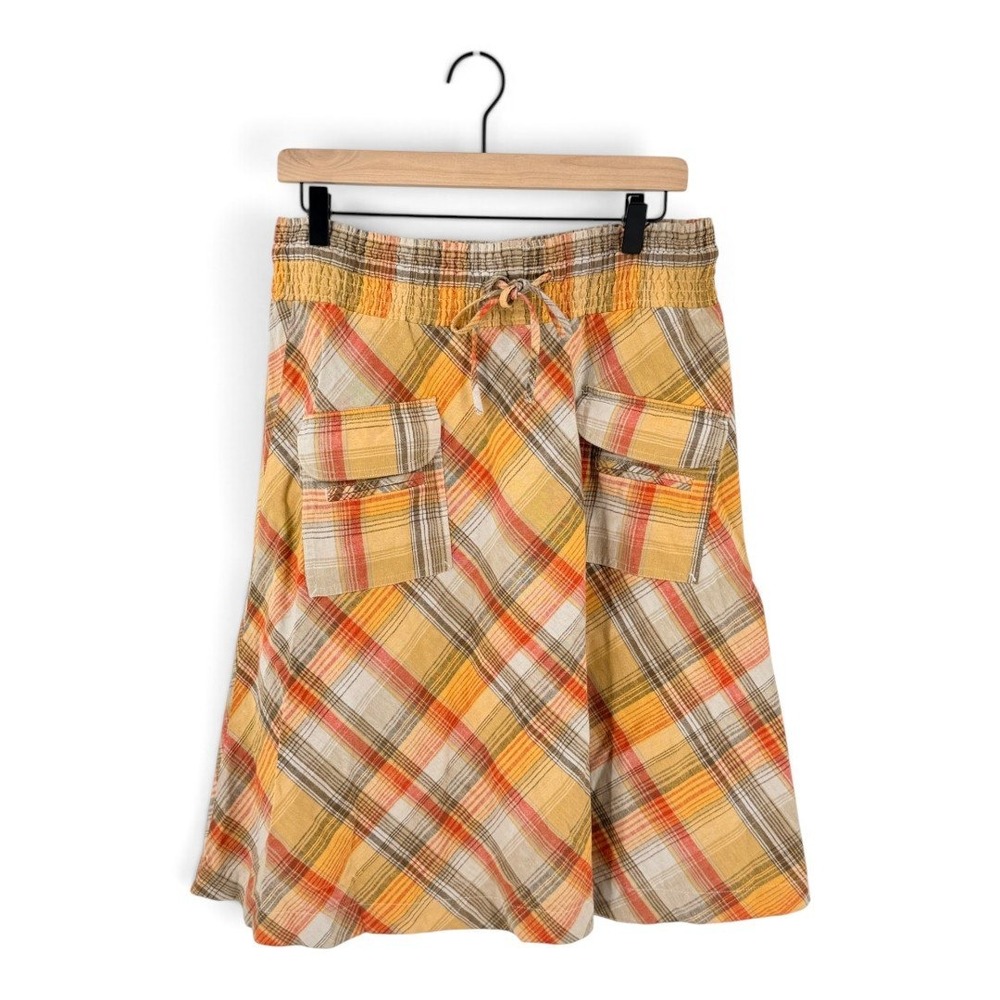 Vintage Metrostyle Linen Cotton Plaid A-Line Midi Skirt Cargo Pockets Size M